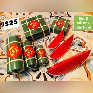 Festive Green and Red Party Set | Bánh tét, bánh chưng dưa hấu mô hình giấy